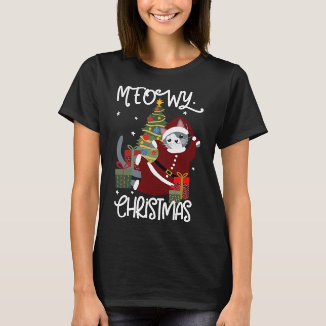 Meowy jul Cute Funny Cat Lover T Shirt (Framsida)