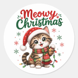 Meowy jul Cuttis katt Högtid Runt Klistermärke
