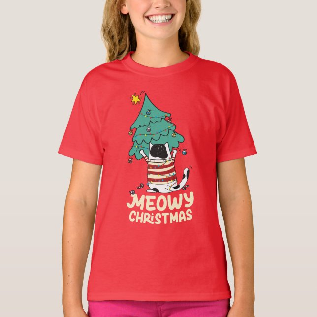 Meowy jul Funny Cat Lover T Shirt (Framsida)