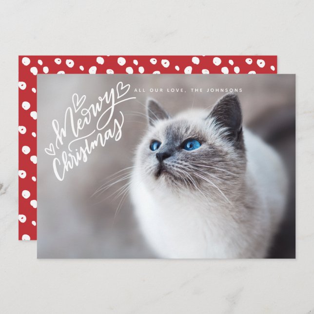 Meowy jul Hand Lettering Cat Fullt Photo Julkort (Fram/baksida)