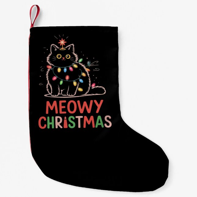 Meowy jul Julafton Ljus Black Cat Pajamas Liten Julstrumpa (Framsidan)