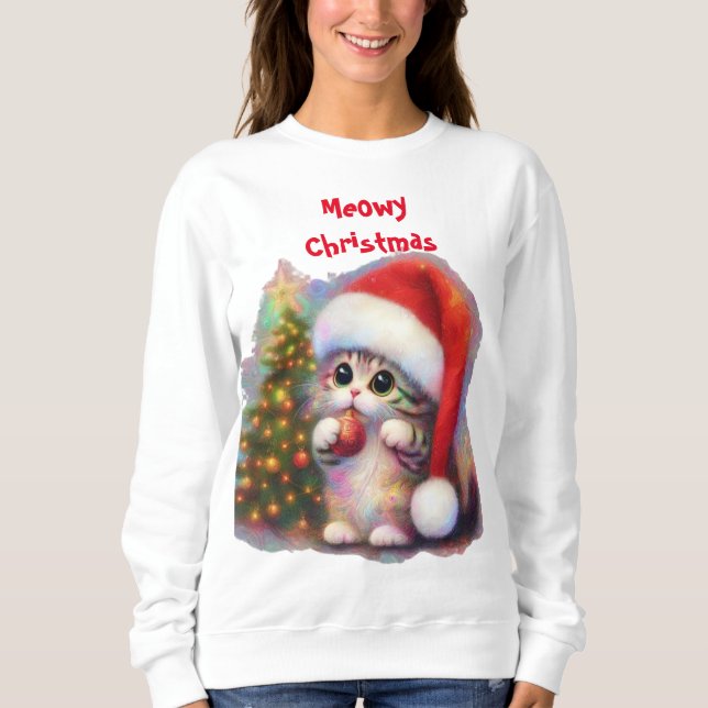 Meowy jul Kitten Kattunge w/Ornament & Träd T Shirt (Framsida)