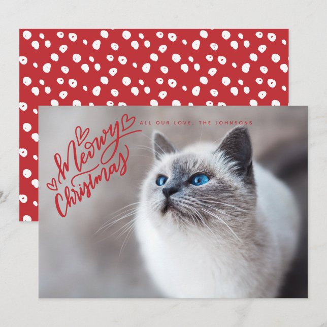 Meowy jul Red Hand Lettering Cat Fullt Photo Julkort (Fram/baksida)