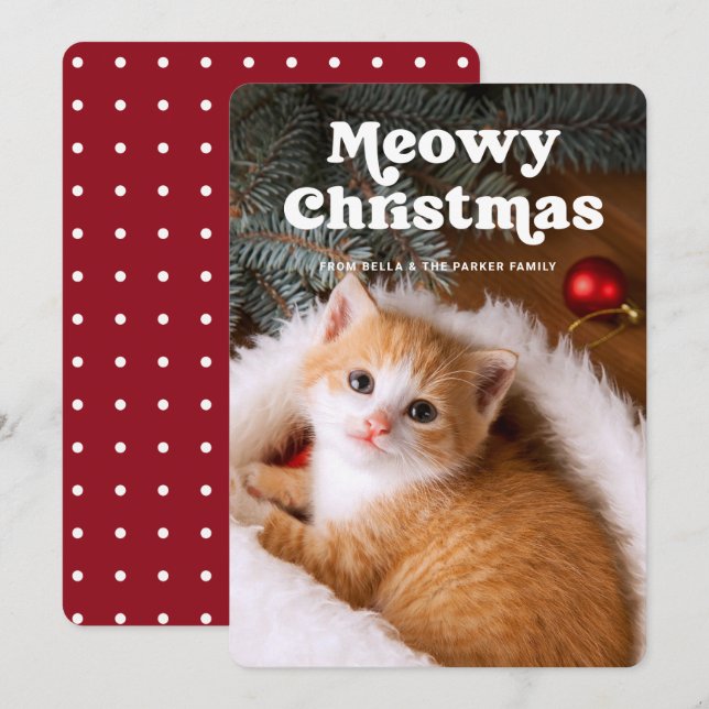 Meowy jul | Roligt foto på din katt Julkort (Fram/baksida)