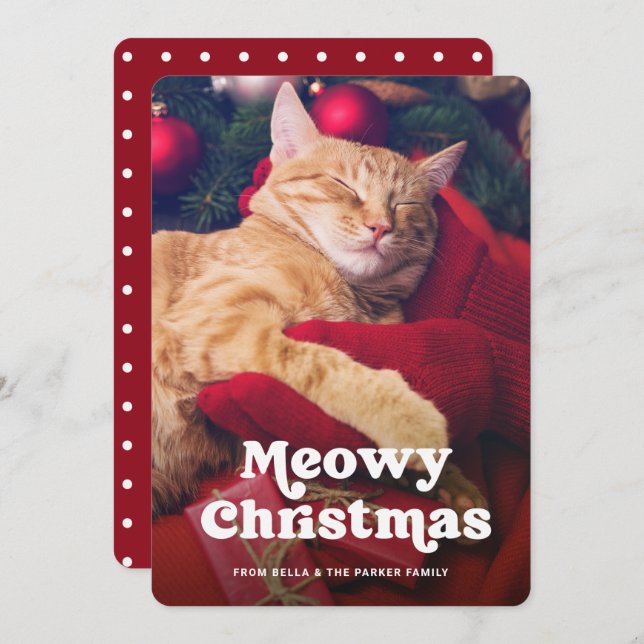 Meowy jul | Roligt foto på din katt Julkort (Fram/baksida)