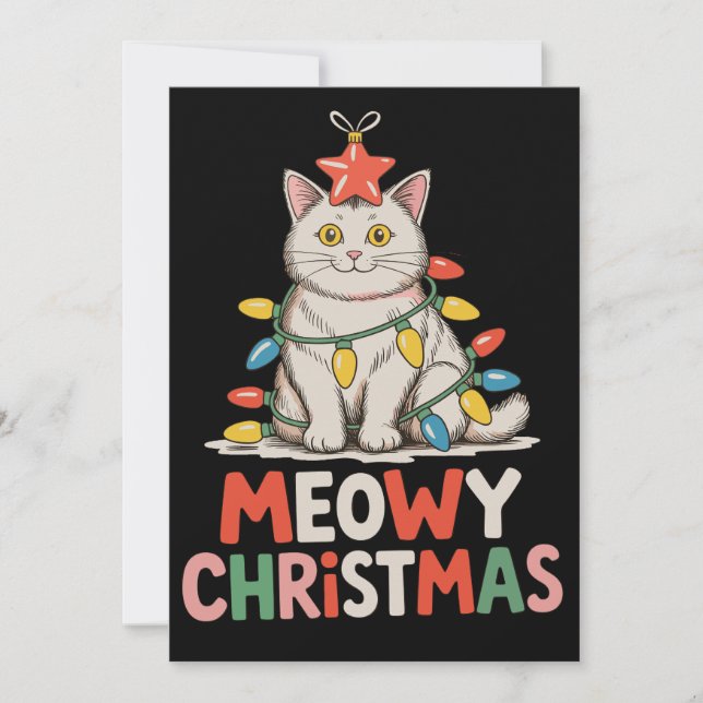 Meowy jul Roligt söt katt Julbelysning Högtid Julkort (Framsida)
