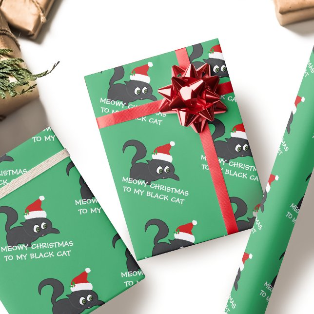 Meowy jul Söt svart kattunge Katt Grön Presentpapper (Skapare uppladdad)