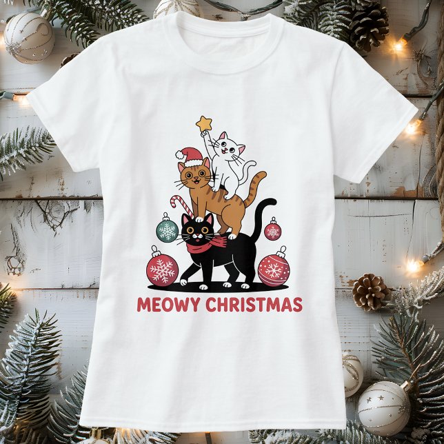 Meowy jul Stacks Älskare T Shirt (Meowy Christmas Stacked Cats Lover T-Shirt)