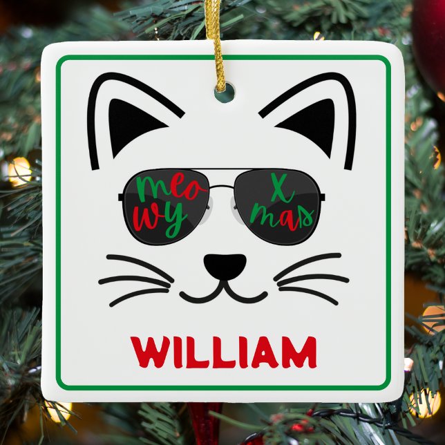 Meowy jul Sunglasses Kattunge White Julgransprydnad Keramik (Meowy Christmas Sunglasses Kitty Cat White Ceramic Ornament)