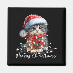 Meowy jul Svart katt Ljus Santa hatt Rolig H Magnet