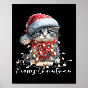 Meowy jul Svart katt Ljus Santa hatt Rolig H Poster
