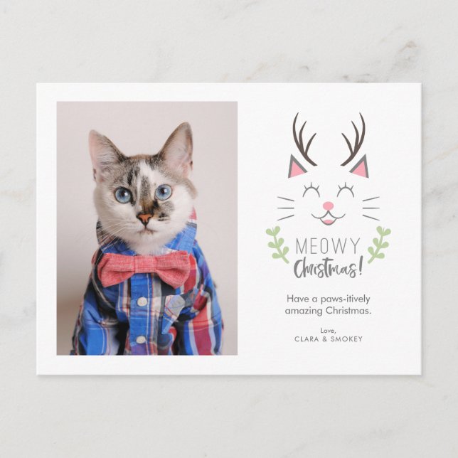 Meowy jul Whimsical Cat med Antlers Photo Helg Vykort (Framsida)