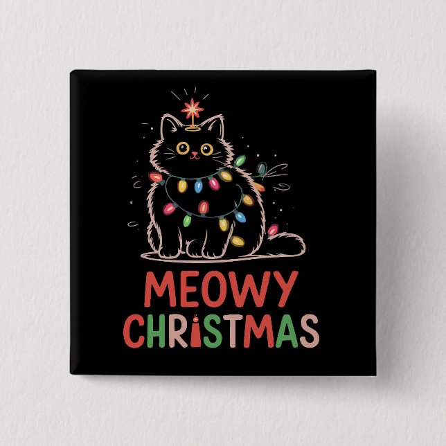Meowy jul Xmas-ljus Svart katt pyjamas  Knapp (Framsida)