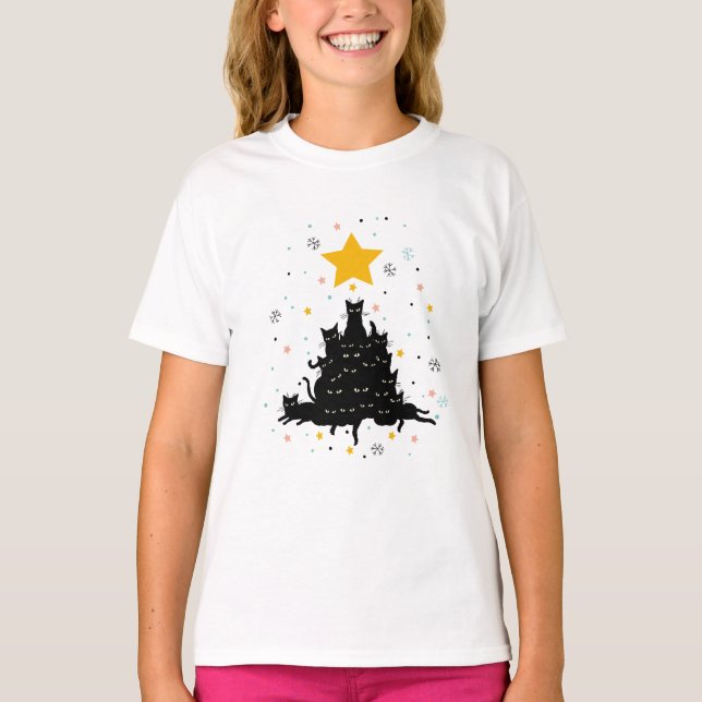 Meowy Julgran, lustig katt julgran T Shirt (Framsida)