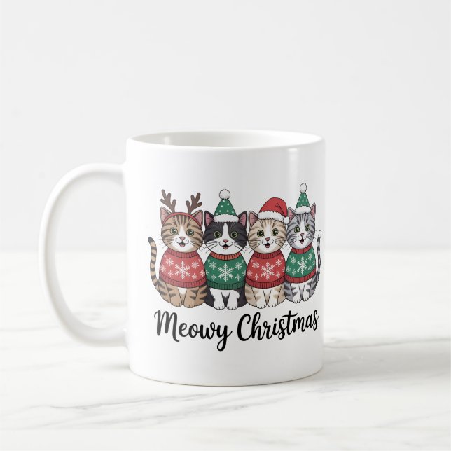 Meowy Julkaffe | Cute Helgdag Cat Lover Kaffemugg (Vänster)