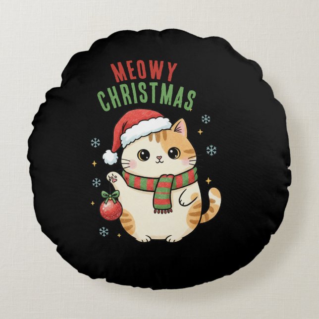 Meowy julkat – Festiv semestergestaltning Rund Kudde (Framsidan)