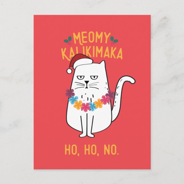 Meowy Kalikimaka Funny Cat Santa Hat jul Helg Vykort (Framsida)