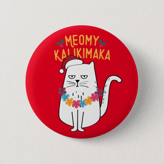 Meowy Kalikimaka Funny Cat Santa Hat jul Knapp (Framsida)