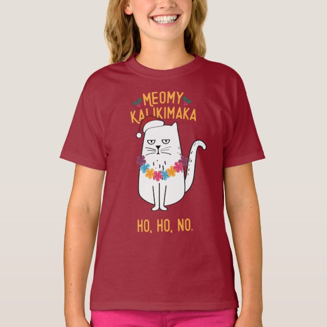 Meowy Kalikimaka Funny Cat Santa Hat jul T Shirt (Framsida)