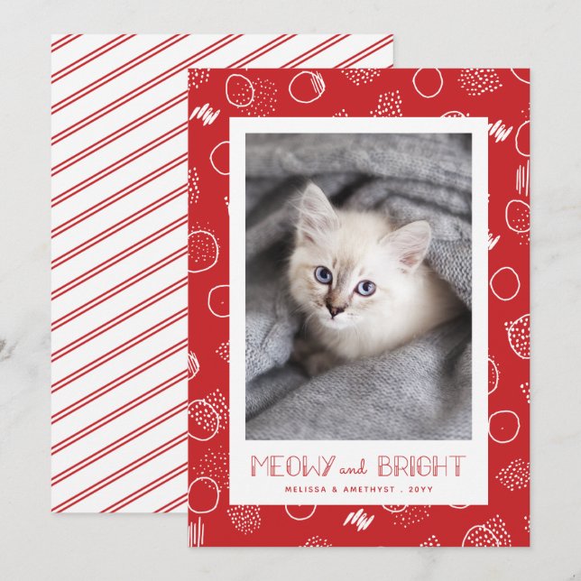 Meowy och Bright | Röd | Foto på sällskapsdjur Julkort (Fram/baksida)