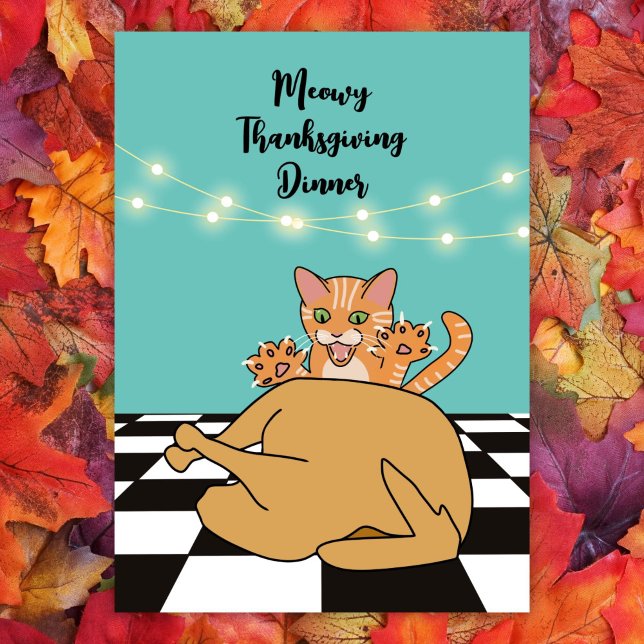 Meowy Thanksgiving Dinner Funny Cat Tecknad Inbjudningar (Skapare uppladdad)