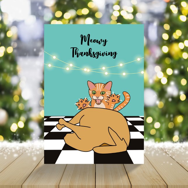 Meowy Thanksgiving Funny Cat Turkey Tecknad Julkort (Skapare uppladdad)