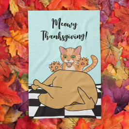 Meowy Thanksgiving Funny Cat Turkey Tecknad Kökshandduk