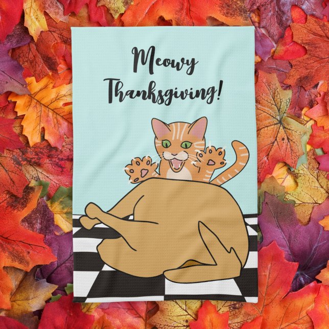 Meowy Thanksgiving Funny Cat Turkey Tecknad Kökshandduk (Skapare uppladdad)