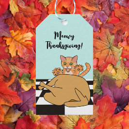 Meowy Thanksgiving Funny Cat Turkey Tecknad Presentetikett