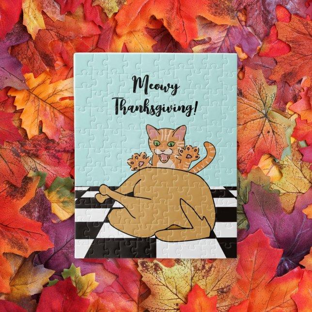 Meowy Thanksgiving Funny Cat Turkey Tecknad Pussel (Skapare uppladdad)