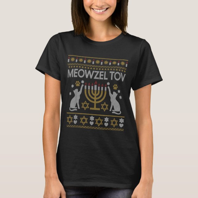 Meowzel Tov Cat Hanukkah 2025 Funny Ugly Christmas T Shirt (Framsida)