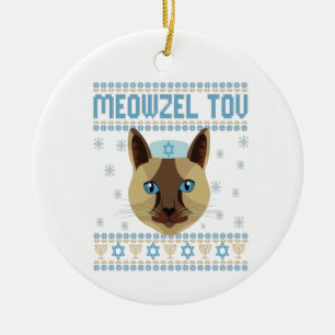 Meowzel Tov Cat Mazel Ugly Hanukkah Sweater Gift Julgransprydnad Keramik