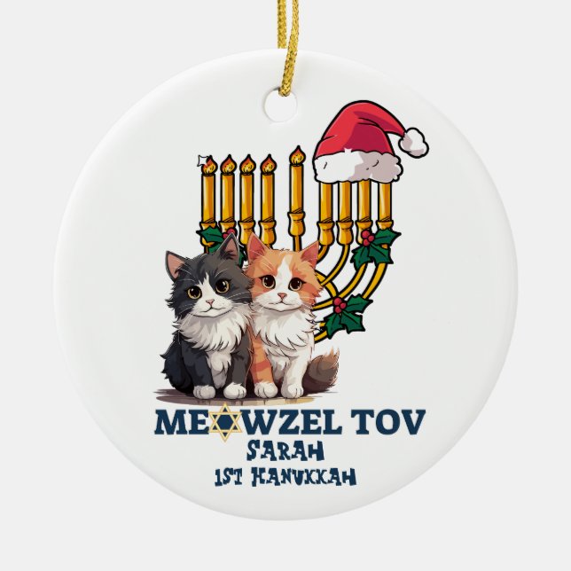 Meowzel Tov Cute Lycklig Hanukkah Julgransprydnad Keramik (Framsidan)