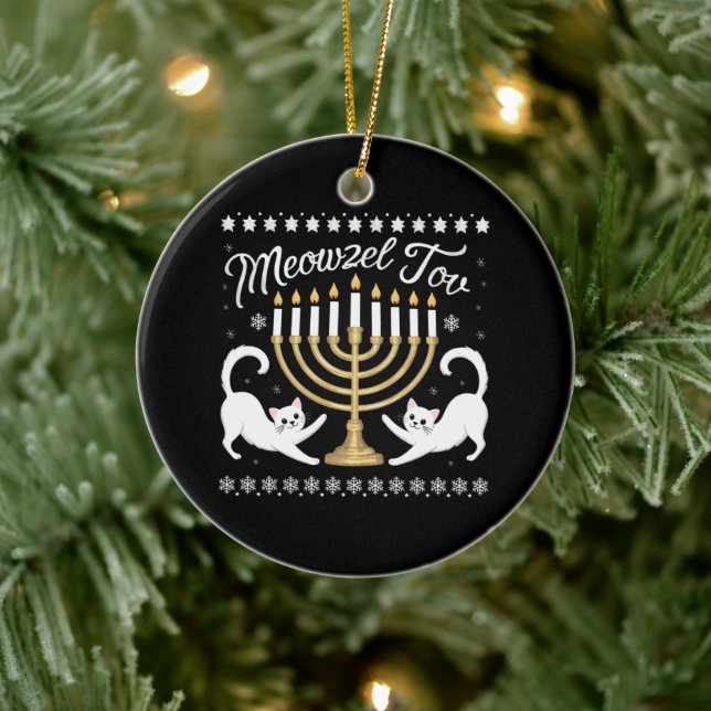 Meowzel Tov Funny Chanukah Hanukkah Ugly Sweater Julgransprydnad Keramik (Träd)