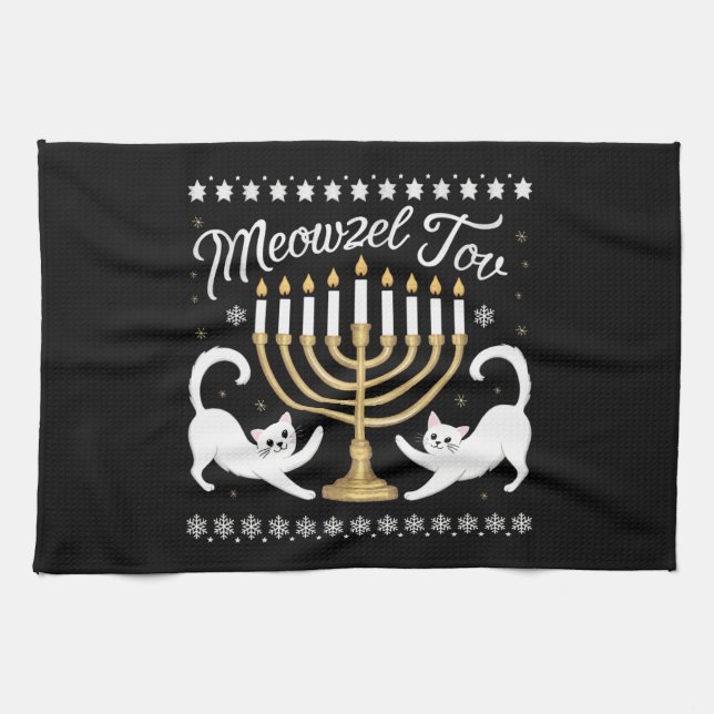 Meowzel Tov Funny Chanukah Hanukkah Ugly Sweater Kökshandduk (Horisontell)