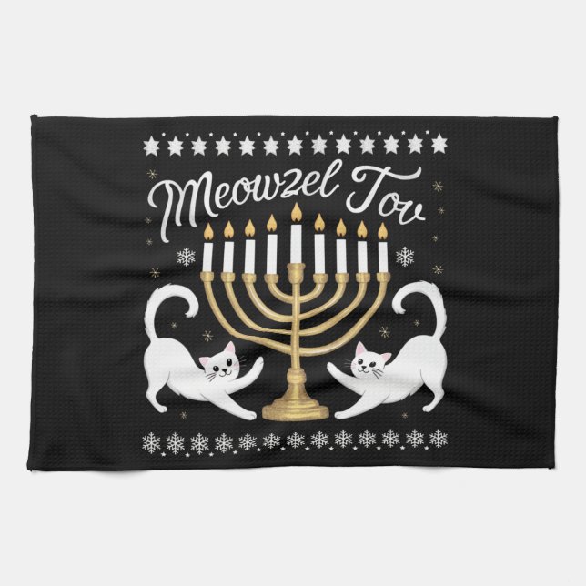 Meowzel Tov Funny Chanukah Hanukkah Ugly Sweater Kökshandduk (Horisontell)