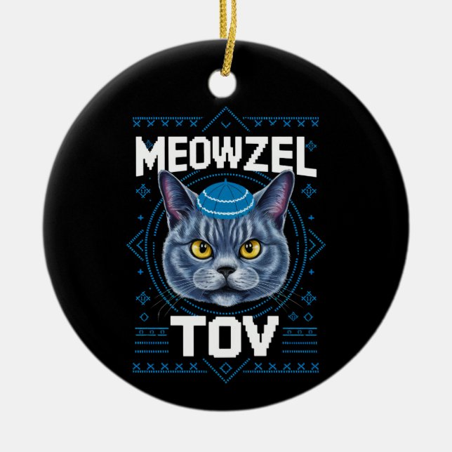 Meowzel Tov Hanukkah Jewish Cat Helgdag Julgransprydnad Keramik (Framsidan)
