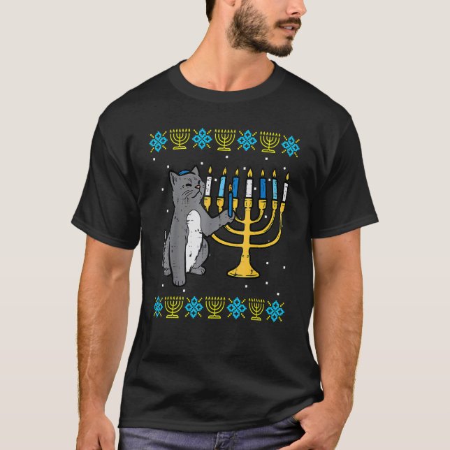 Meowzel Tov Jewish Cat  Ugly Hanukkah Sweater Chan T Shirt (Framsida)
