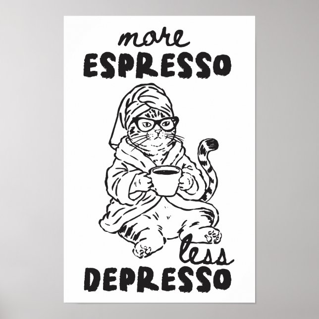 Mer Espresso Mindre Depresso Katt Kaffe Väggkonst (Framsidan)