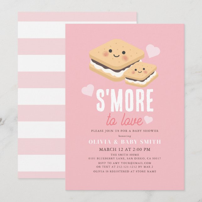 Mer kärlek S'mores Rosa Kawaii flicka baby shower Inbjudningar (Fram/baksida)