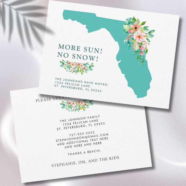 Mer Sol No Snö Florida Karta Flytta Meddelande (More Sun No Snow Florida Map Floral Moving Announcement Flat Card)