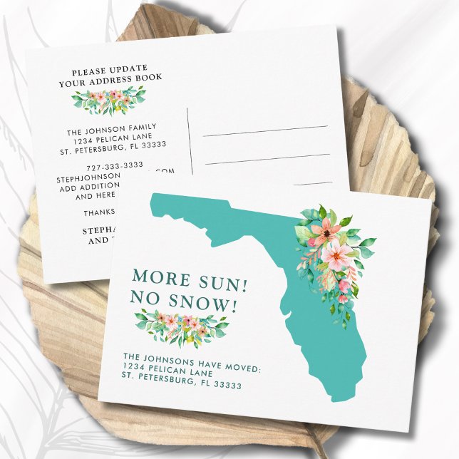 Mer Sol No Snö Florida Karta Flytta Meddelande Vykort (More Sun No Snow Florida Map Floral Hibiscus Moving Announcement Postcard)