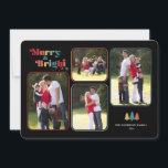 Mera och ljus Retro-färgad 4 fotojul Julkort<br><div class="desc">Det färgstarka julkortet innehåller texten "Merry & Bright" som visas i flerfärgad text på svart bakgrund. Utformningen erbjuder fyra foto ramar för dina favoritfoton i familjen. Fotografi © Storytree Studios,  Stanford,  CA</div>
