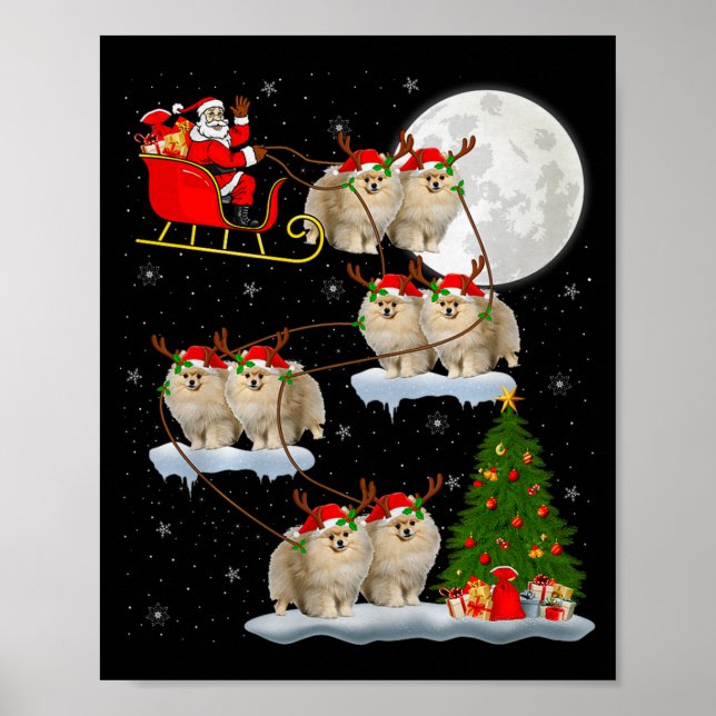 Meranian Dog Santa Sleigh Flying Funny Magical Chr Poster (Framsidan)