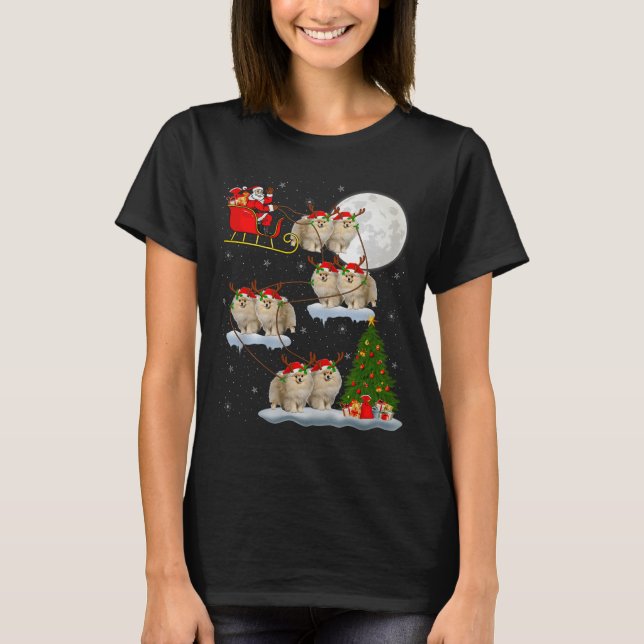 Meranian Dog Santa Sleigh Flying Funny Magical Chr T Shirt (Framsida)