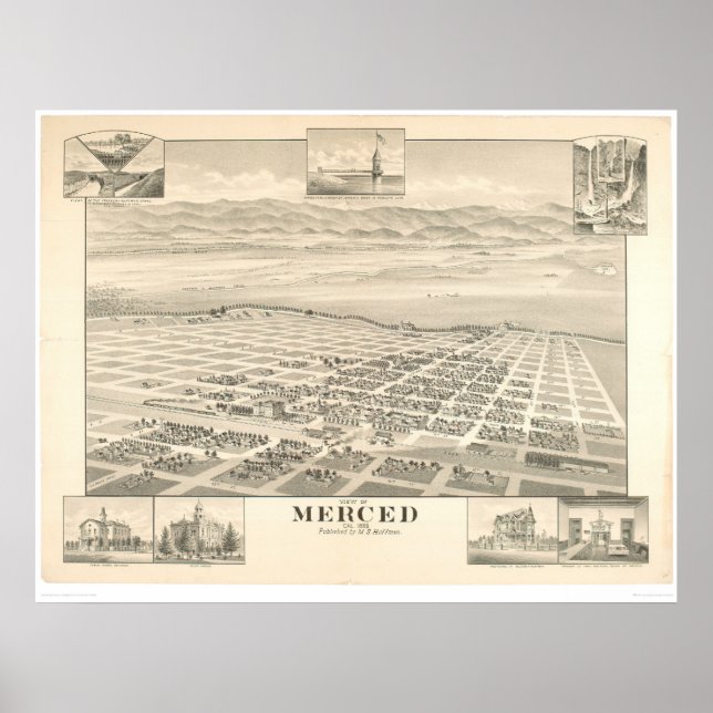 Merced, CA. Panoramisk Karta 1888 (1062A) Poster (Framsidan)