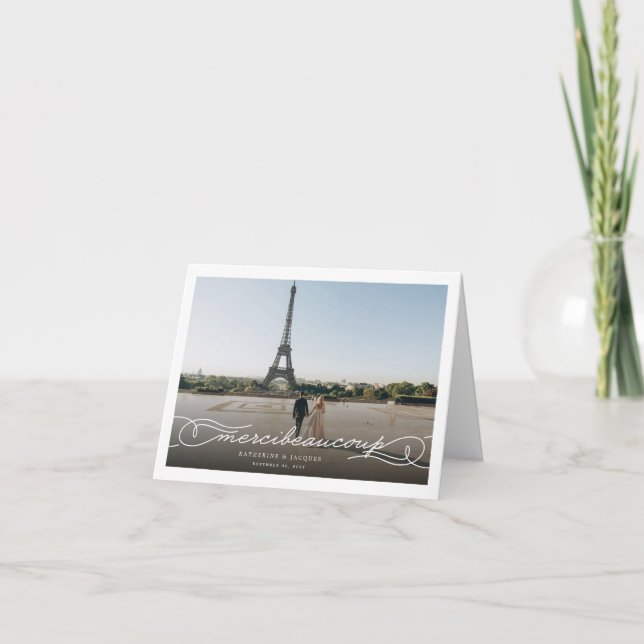 Merci Beaucoup Chic Script Photo Bröllop Tack Anteckningskort (Framsida)