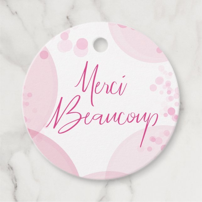 Merci Beaucoup Rosa och White Bokeh Tack Gåvor Etiketter (Framsida)