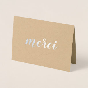 Merci Fransk Tack Brushstroke-skript Silver Folierat Kort