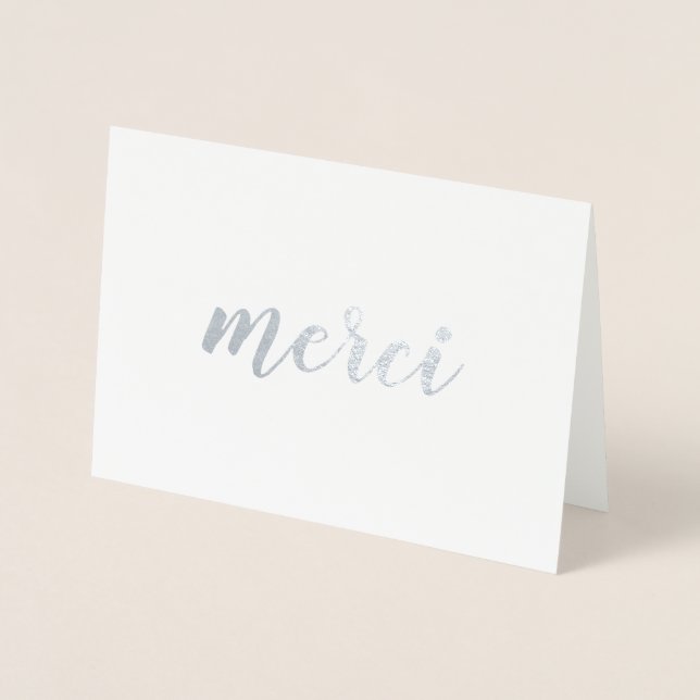 Merci Fransk Tack Brushstroke-skript Silver Folierat Kort (Framsida)